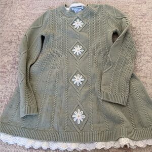 Cupcakes & Cashmere Green Cable Knit Kids Dress with Floral Accents